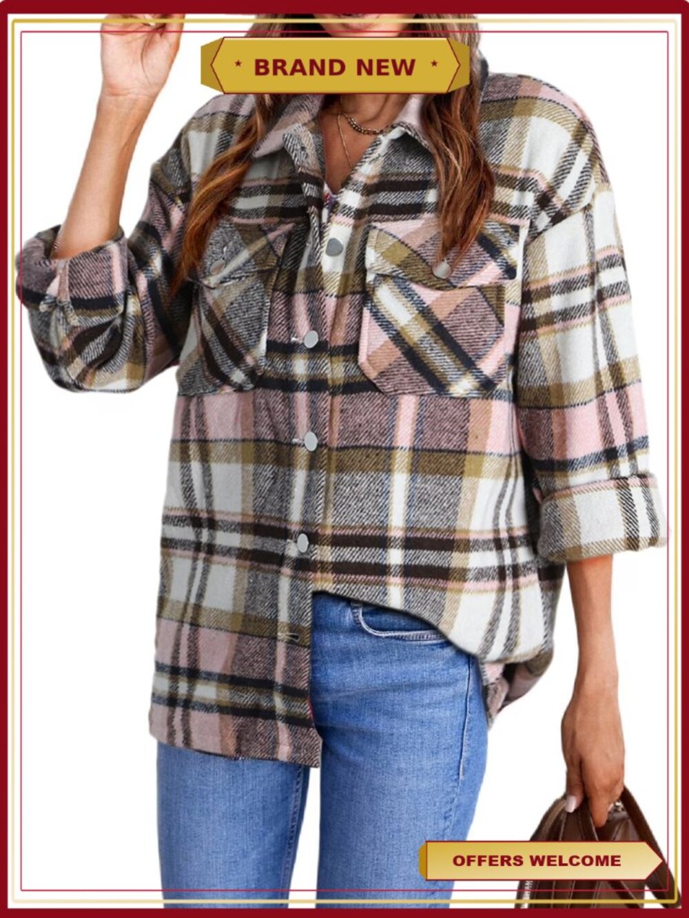 Dokotoo Womens Plaid Shacket Button Down Long Sleeve Jacket with Pockets